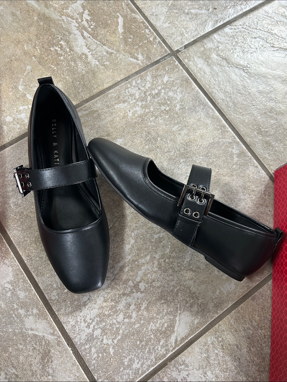 Kelly & Katie Black Mary Jane Flats with Buckle Accent